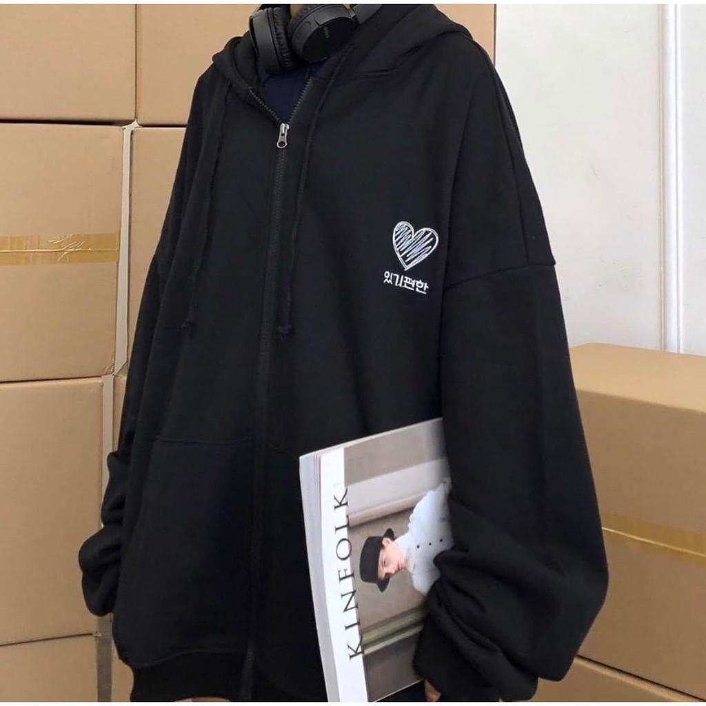 Áo khoác hoodie Heart Unisex Saranghae hình trái tim thêu chất nỉ bông dây kéo form rộng