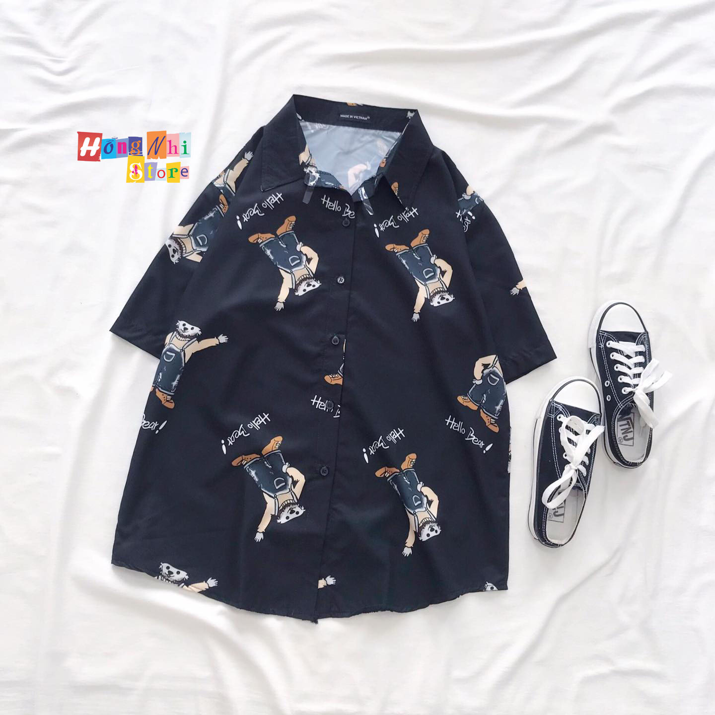 Áo Sơ Mi Hoạ Tiết Tay Lỡ Dáng Rộng, Sơ Mi Hoạt Hình Tay Lửng Unisex - MM