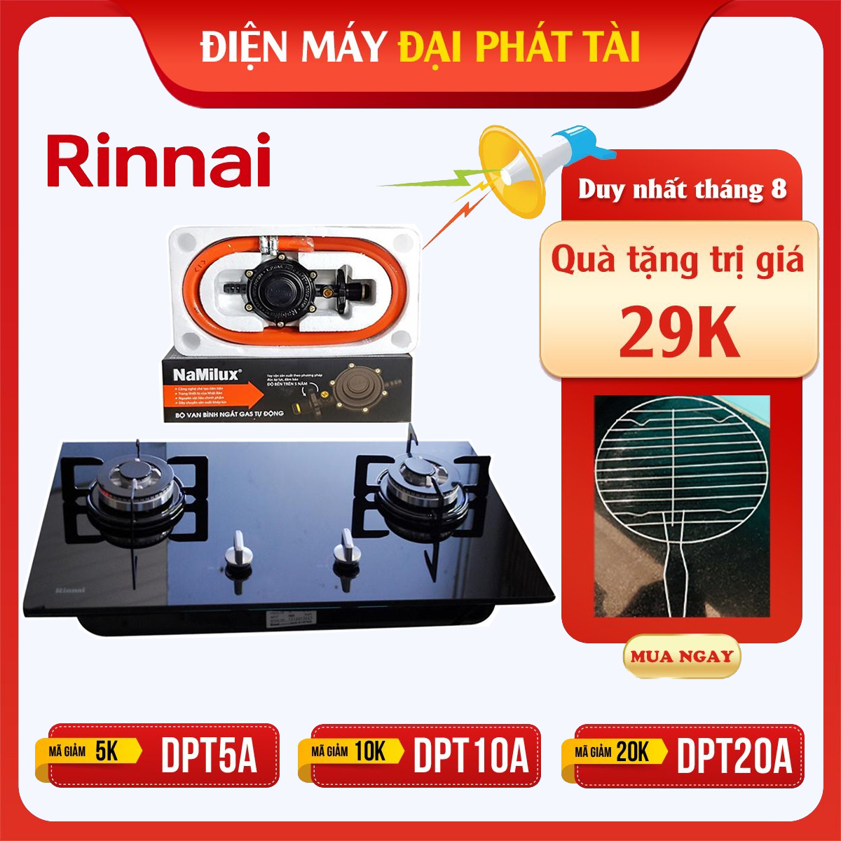 Bếp Gas Âm Rinnai RVB-212BG Tặng 1 bộ van và dây gas- Hãng chính hãng