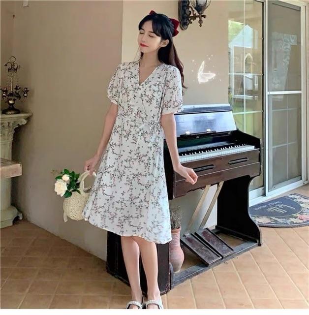 Váy hoa vintage cổ chéo hoa tiết hoa nhí Ulzzang style VKE7026 Hàng Quảng Châu