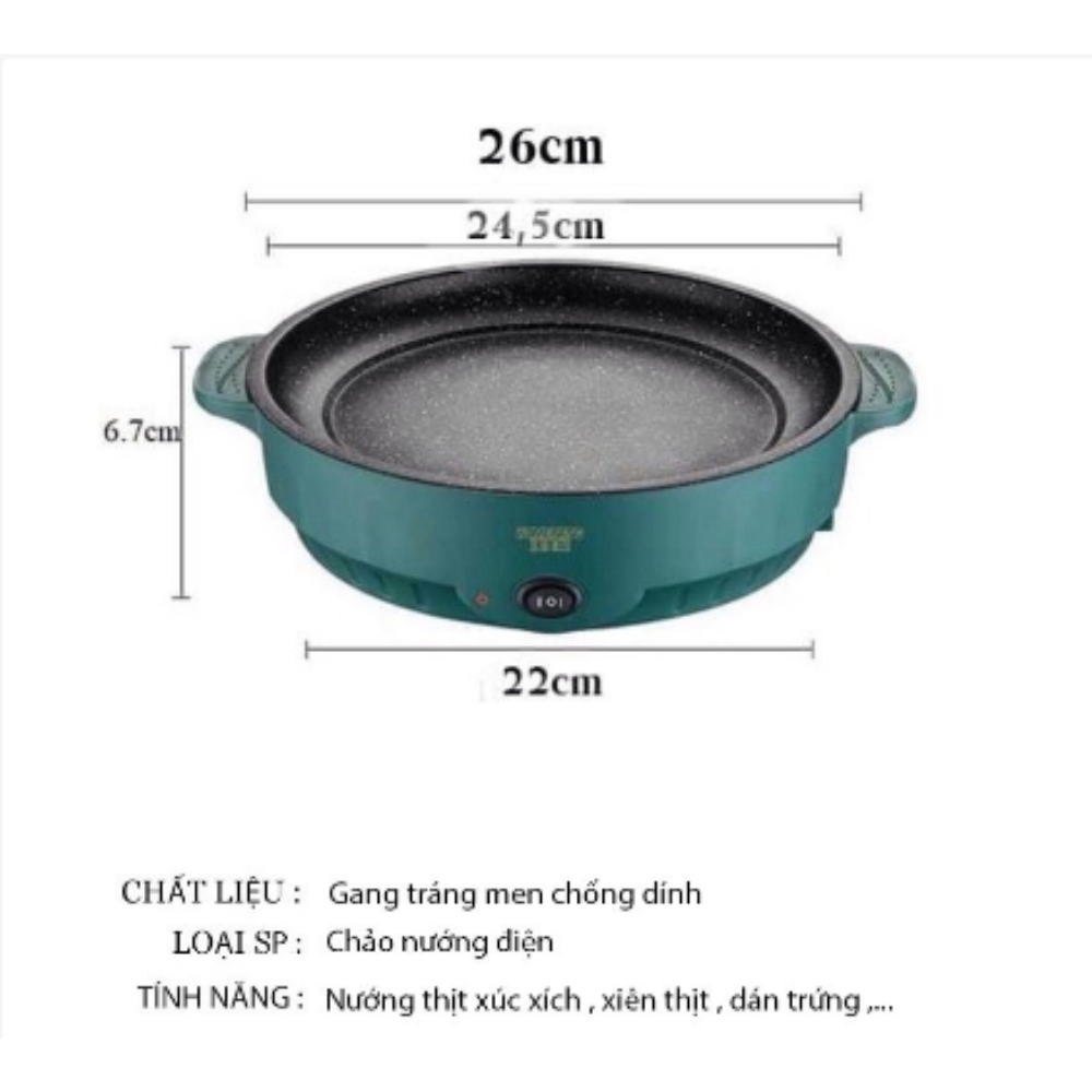 Chảo Nướng Điện Đa Năng Mini 26cm Chảo Nướng Chống Dính, Nướng Thịt BBQ Hàn Quốc Nhanh Chóng