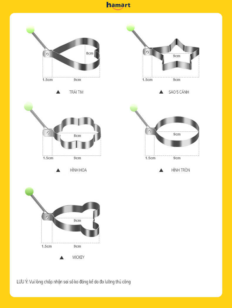 COMBO 5 Khuôn Chiên Trứng Rán INOX Kèm Dụng Cụ Khuôn Tạo Hình Làm Bánh Trang Trí Đồ Ăn Tiện Lợi - Bộ 5 Khuôn Trứng &amp; Dụng Cụ