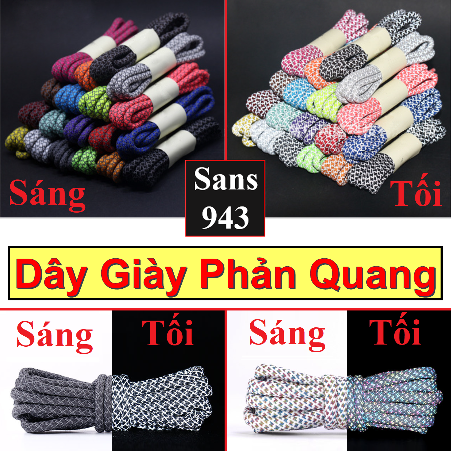 Dây giày dạ quang phản quang bản tròn giầy cao cổ boot thể thao sneaker nam nữ dài 1m 1m2 1m4 1m6 1m8 Sans943