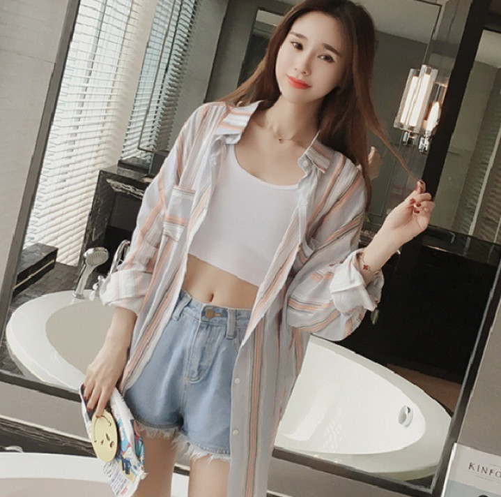 Áo sơ mi kẻ sọc dọc dài tay có túi ngực form rộng chất mát mịn thời trang công sở S86
