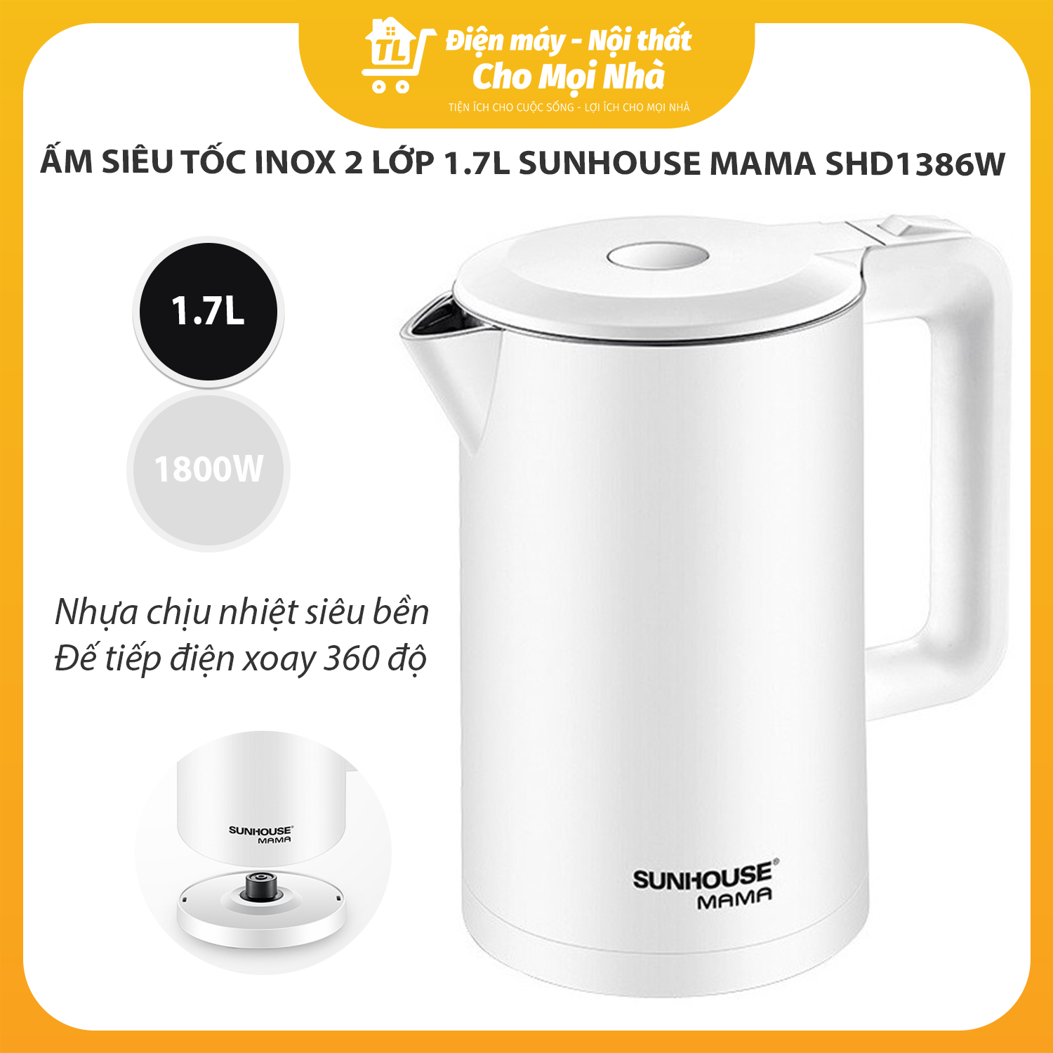 Bình Đun Siêu Tốc Inox 2 Lớp Sunhouse Mama SHD1386 (1.7L) - Hàng Chính Hãng