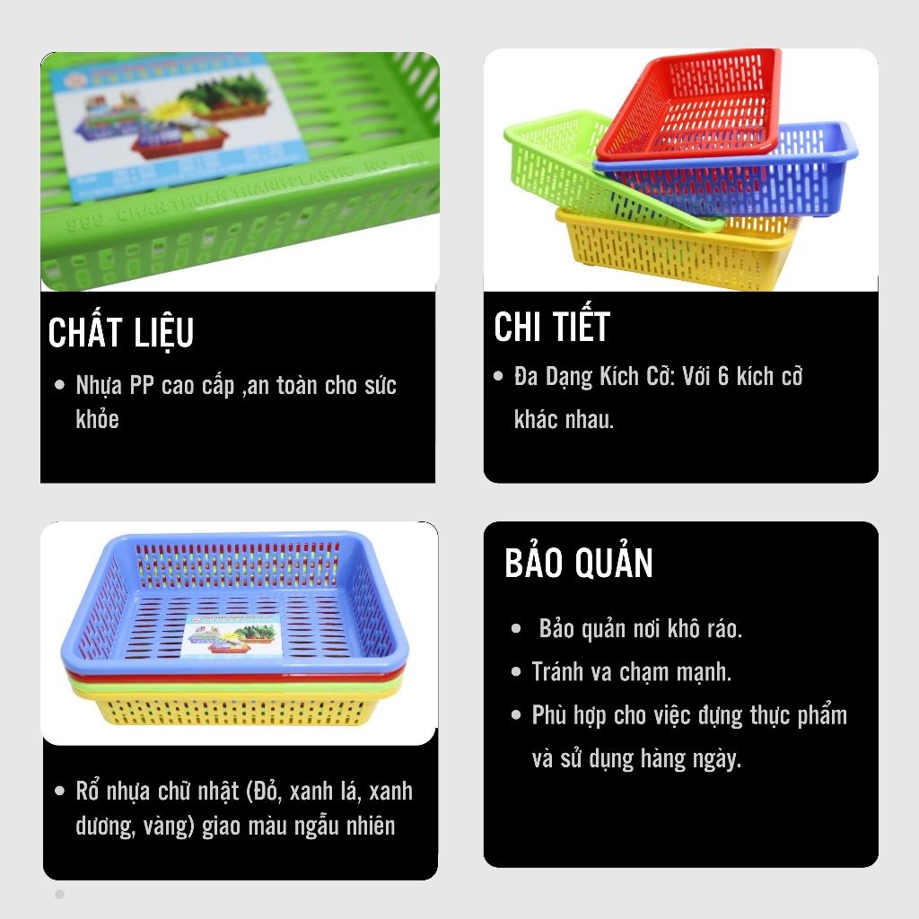 Rổ nhựa chữ nhật Chấn Thuận Thành, Rổ Đựng Thực Phẩm Nhựa PP Cao Cấp, nhiều màu, nhiều kích thước