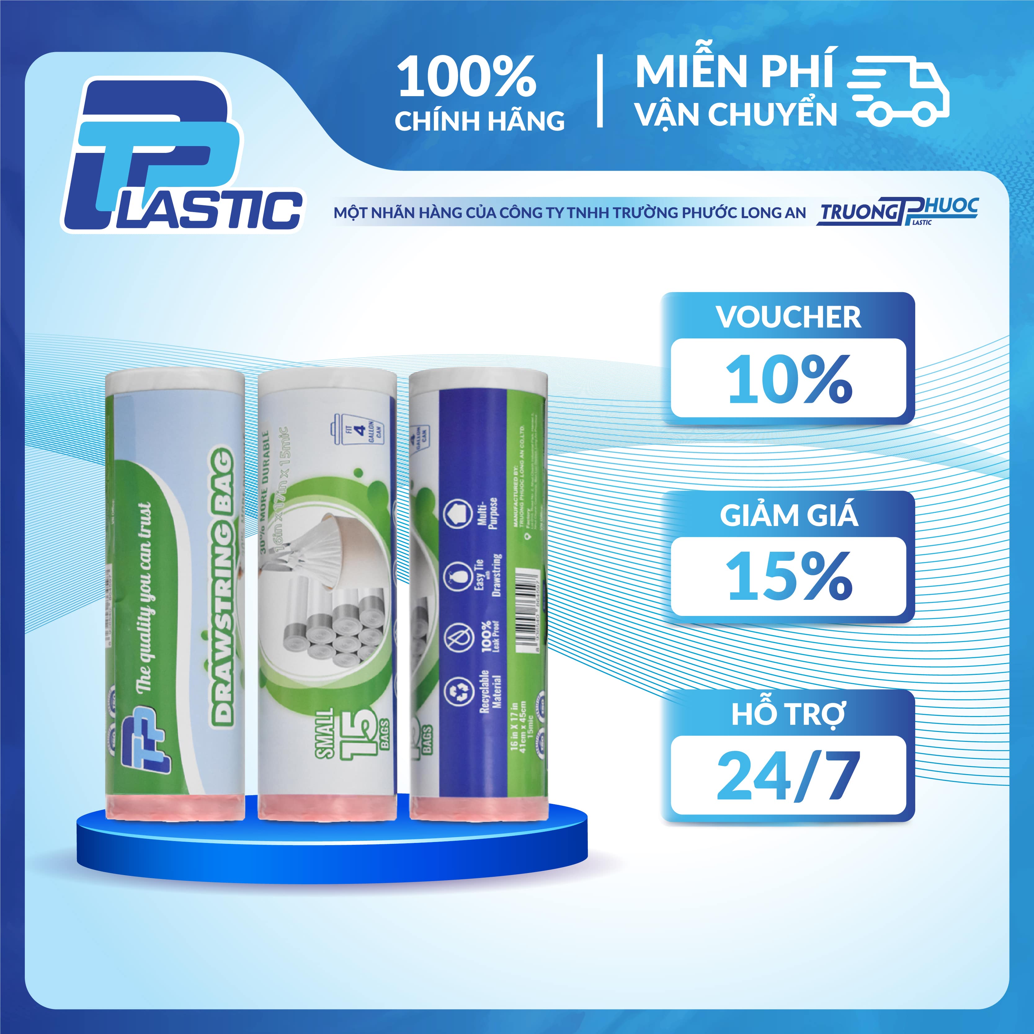 Túi PP Nhựa - Cuộn 15 Túi đựng rác có dây rút tiện lợi TP Plastic