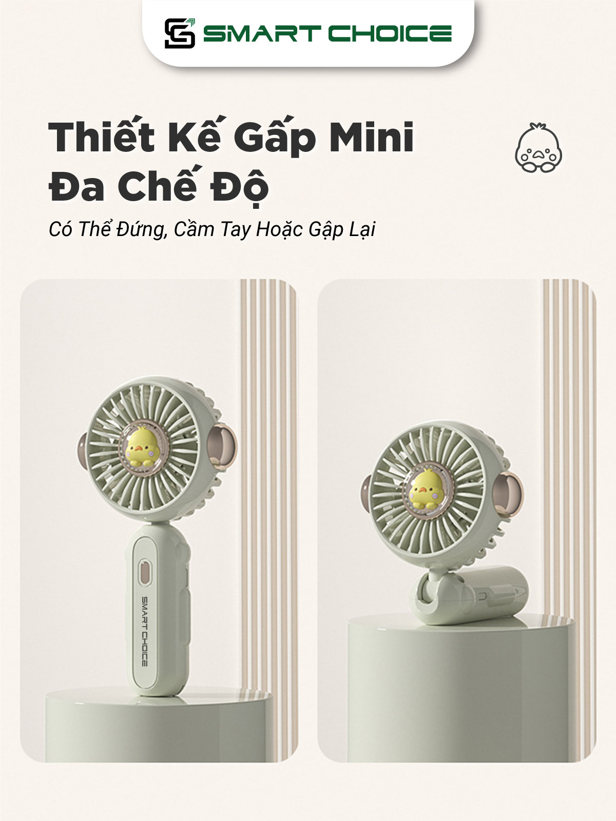 Quạt Mini Cầm Tay SmartChoice Hàng Chính Hãng SCG-PK175, Quạt Tích Điện Sạc Pin 800mAh 3 Tốc Độ Gió Gấp Gọn