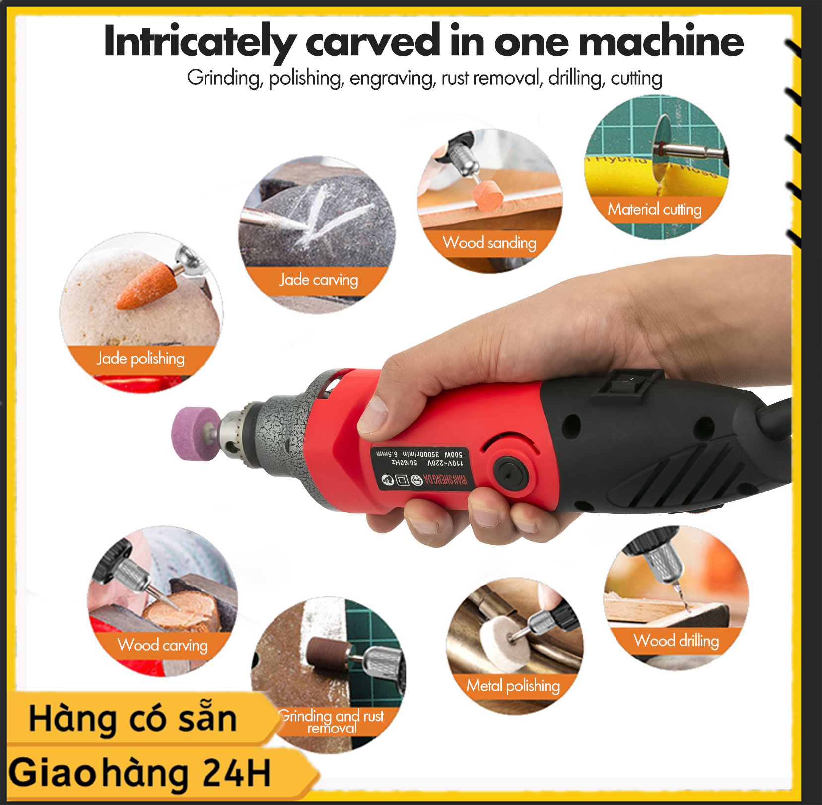 Máy mài điện có thể điều chỉnh 6 tốc độ 500W Máy khắc đánh bóng ngọc bích đa chức năng Đầu cắm EU