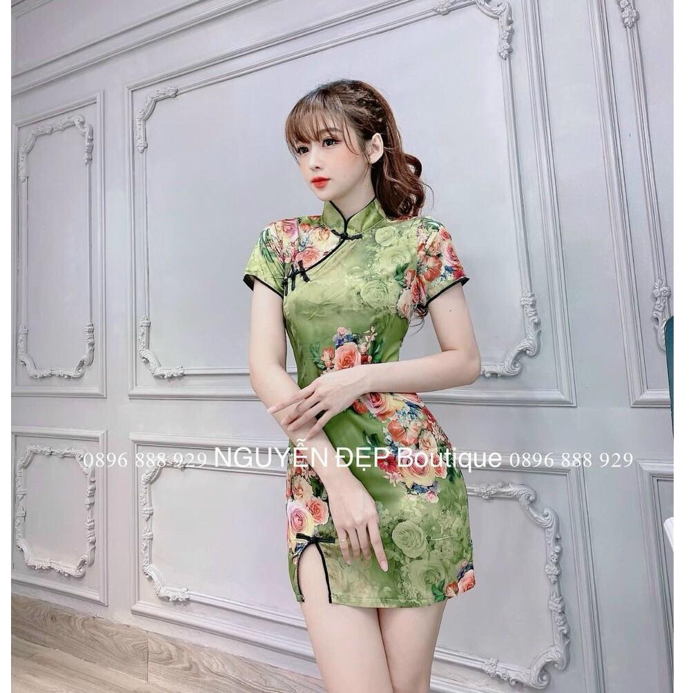 Đầm body sườn xám cổ tàu hoạ tiết xịn xò + Ảnh thật