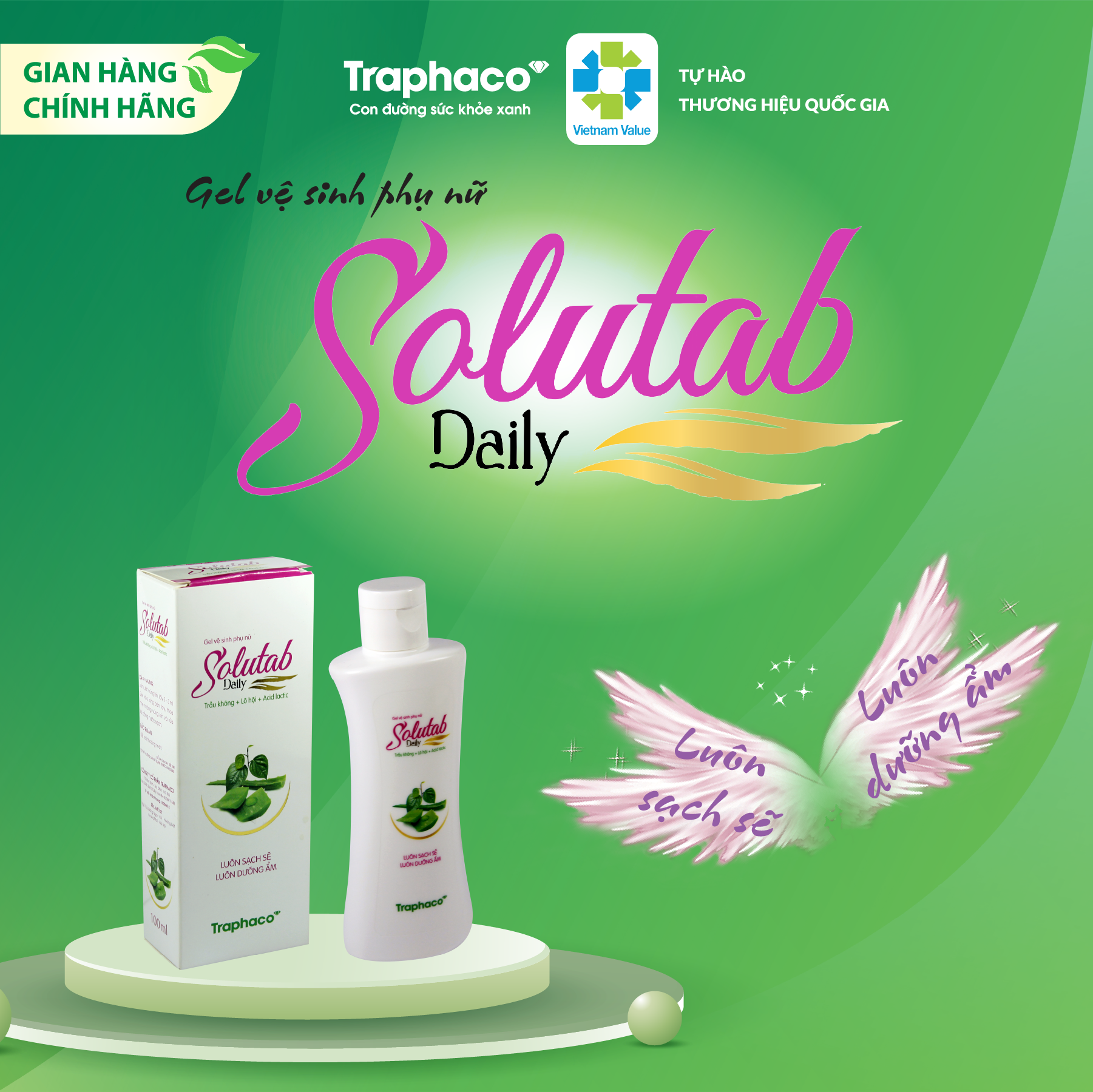 Dung Dịch Vệ Sinh Phụ Nữ SOLUTAB DAILY Traphaco Giúp Khử Mùi, Giảm Viêm Ngứa, Dưỡng Ẩm Mềm Mại, Sạch Thơm Cả Ngày 100ml