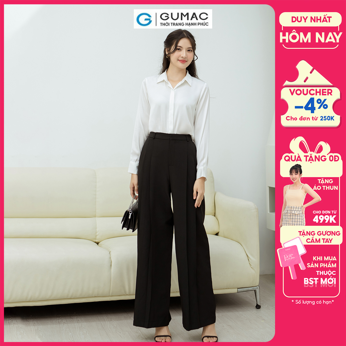 Quần tây nữ ống rộng lưng rời chiết ly GUMAC QD08054