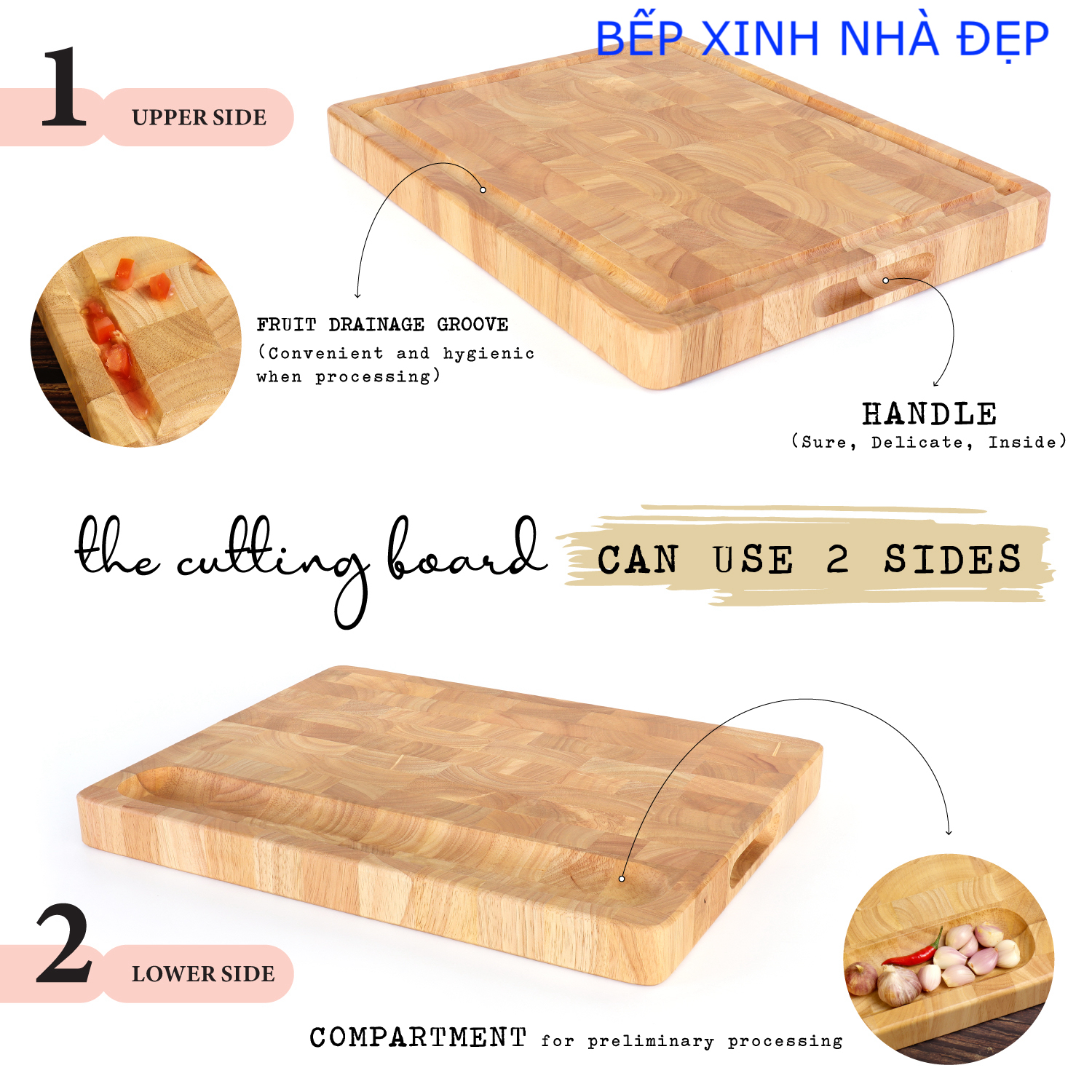 THỚT SỚ LẬT GỖ CAO SU TO VÀ DÀY, KT 41x31x3.8cm, CÓ RÃNH THU NƯỚC & GOM THÀNH PHẨM VÀ LỖ TAY CẦM 2 BÊN