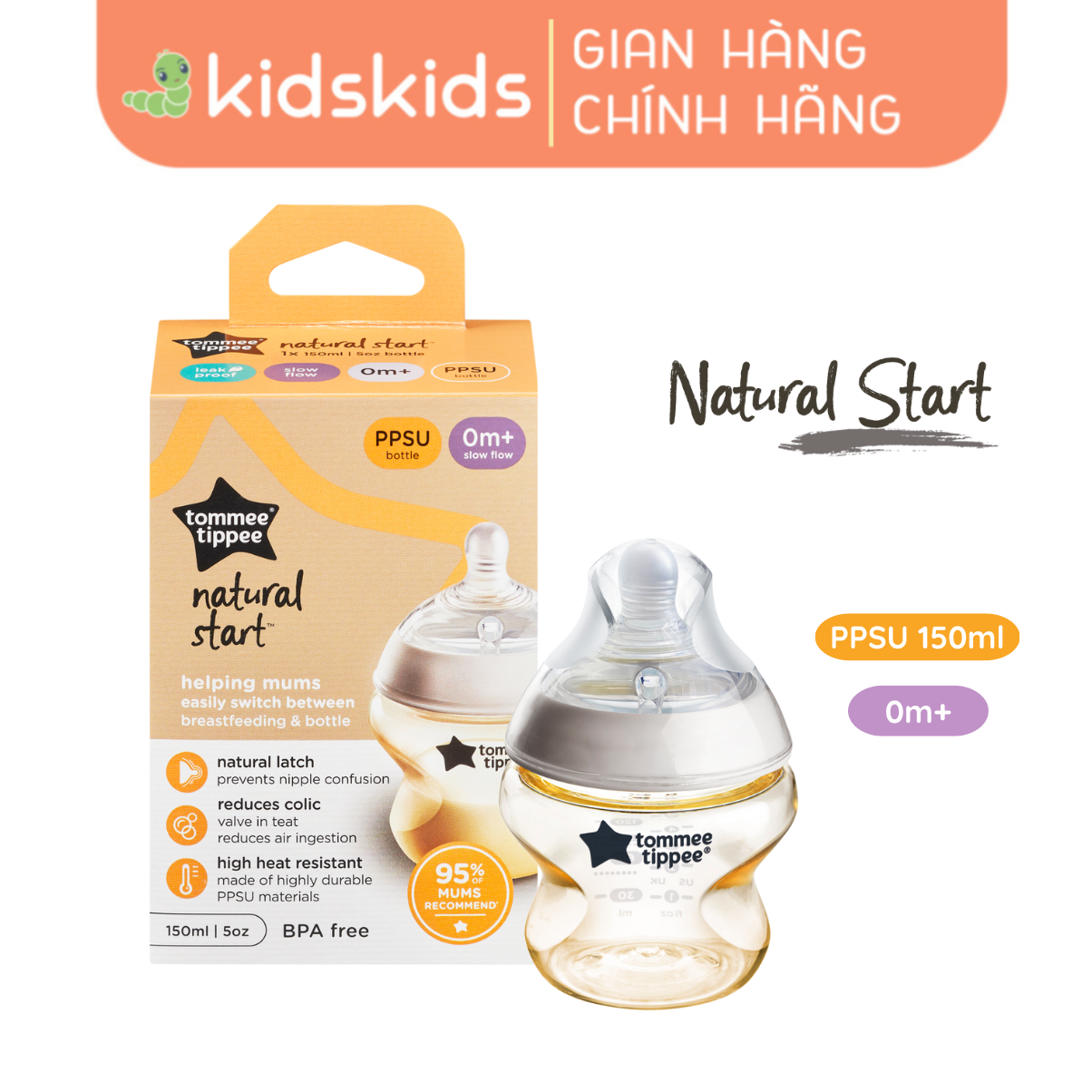 Bình Sữa PPSU Ty Siêu Mềm Tự Nhiên Tommee Tippee Natural Start 150ml, Núm Ty Của Bình 0-3 Tháng
