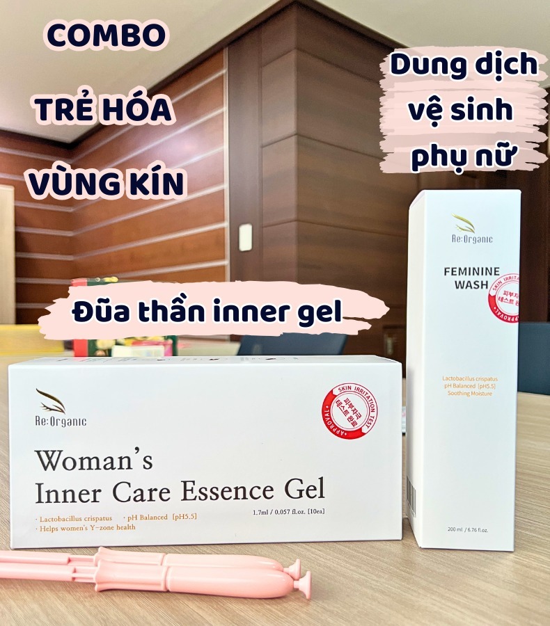 Combo dung dịch vệ sinh chăm sóc phụ khoa Re:Organic Feminine Wash 200ml, Gel đũa thần phụ khoa Woman's Inner Care Essence Gel