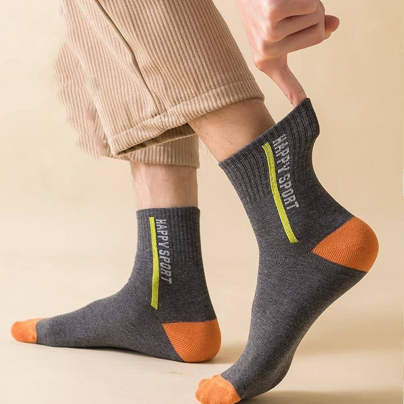 Set 5 đôi tất nam nữ cổ cao Happy Sport, họa tiết vân nổi, chất liệu cotton bền màu hút ẩm