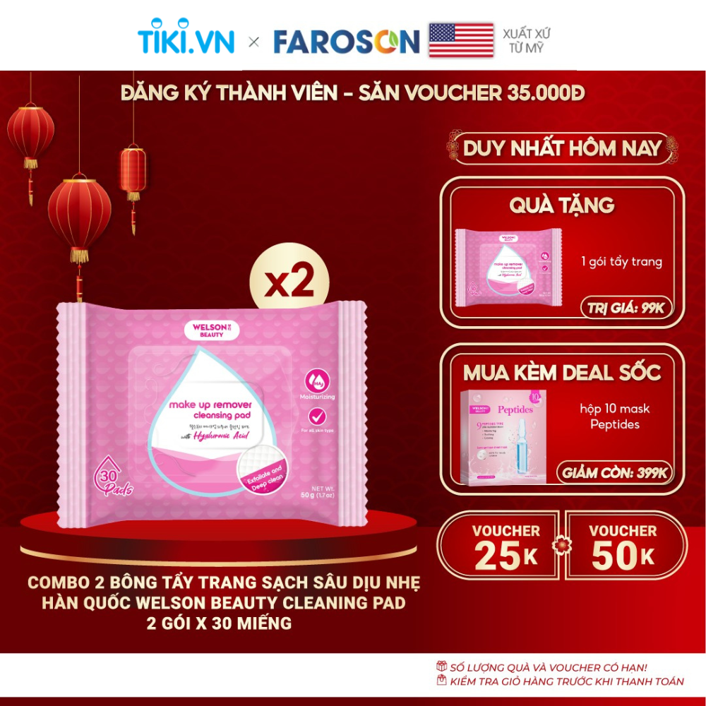 Combo 2 Bông tẩy trang sạch sâu dịu nhẹ Hàn Quốc Cleaning Pad Welson Beauty 2 gói x 30 miếng