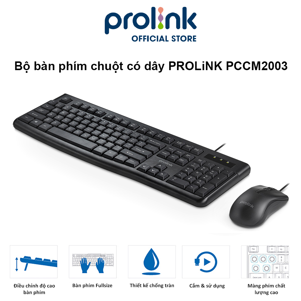 Bộ bàn phím chuột có dây PROLiNK PCCM2003 Fullsize cao cấp, chống thấm nước, độ nhạy cao dành cho máy tính, Laptop - Hàng chính hãng