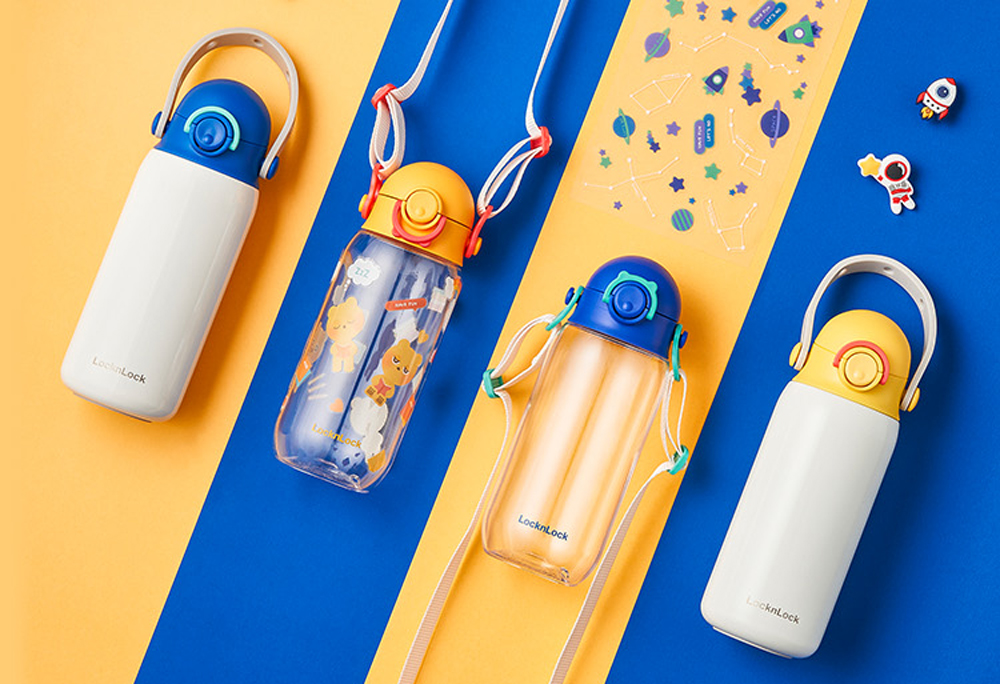 Bình giữ nhiệt Lock&amp;Lock DIY Strap Tumbler 350ml màu xanh dương LHC3283BLU - Hàng chính hãng, hoạ tiết dễ thương, đựng nước cho bé - JoyMall