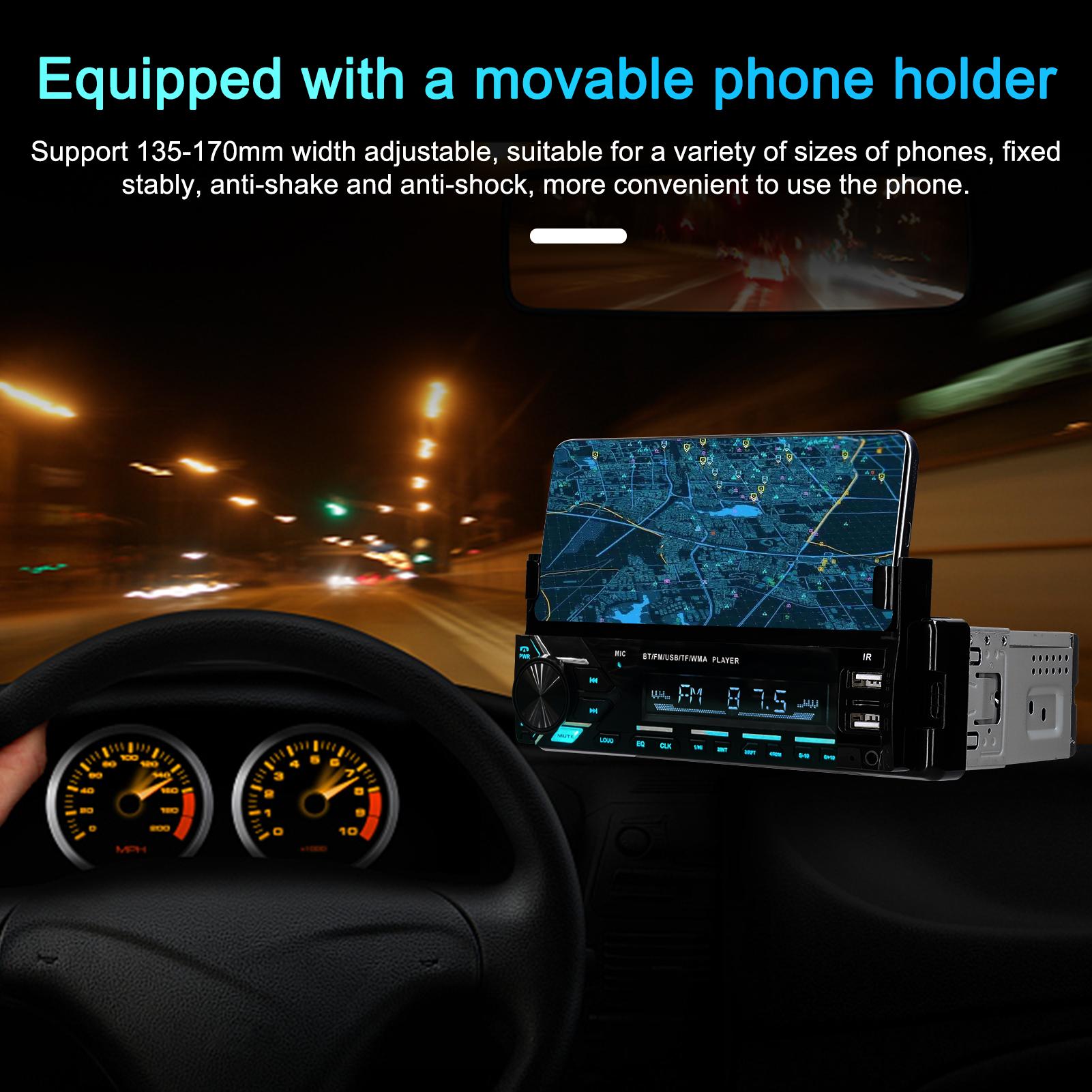 Car Stereo Receiver Multifunctional BT MP3 Player FM Radio Support Hands-Free Calls Phone Charge EQ Adjustment Voice Control U-Disk/TF Card/AUX-in with Time Display Phone Holder Remote Controller