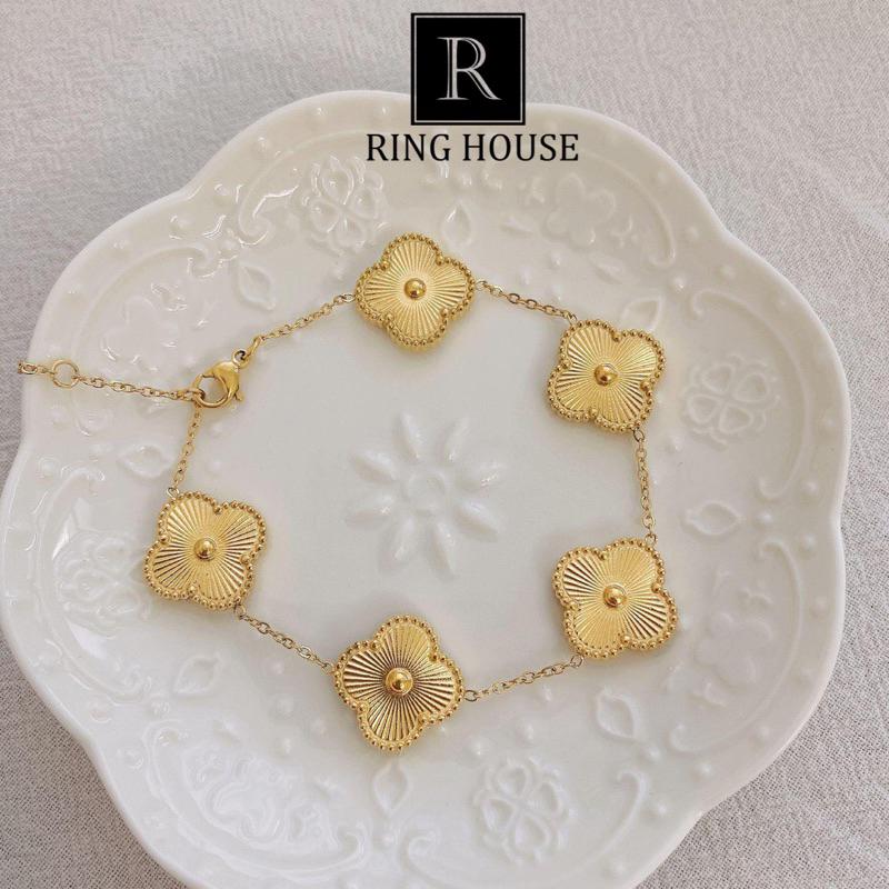 Set bộ trang sức nữ cỏ bốn lá titan không đen gỉ màu vàng dự tiệc đẹp Ring House