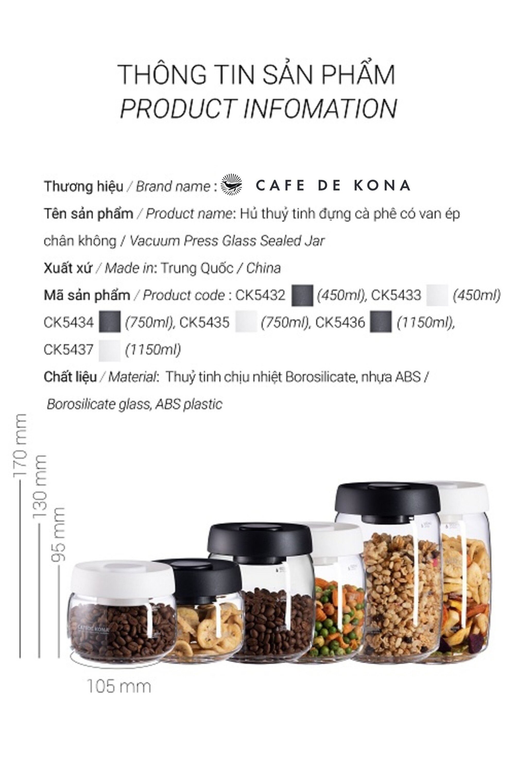 Hũ thủy tinh hút chân không bảo quản thực phẩm CAFE DE KONA