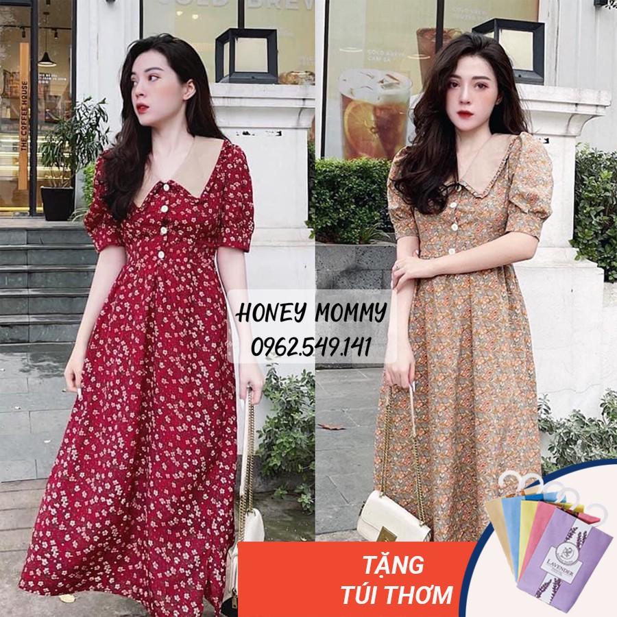 Váy Bầu Hoa Nhí Có Cổ Cúc Thật Cho Bé Bú HD2838 Honey Mommy Đầm Bầu Hè Cộc Tay Đi Làm Đi Chơi Công Sở