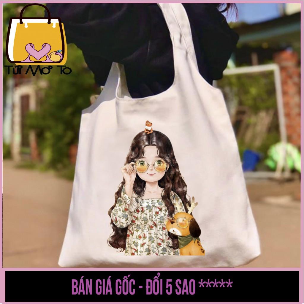 Túi tote vải canvas trắng có khóa kéo in hình CÔ GÁI ĐEO KÍNH - Túi Mơ To store