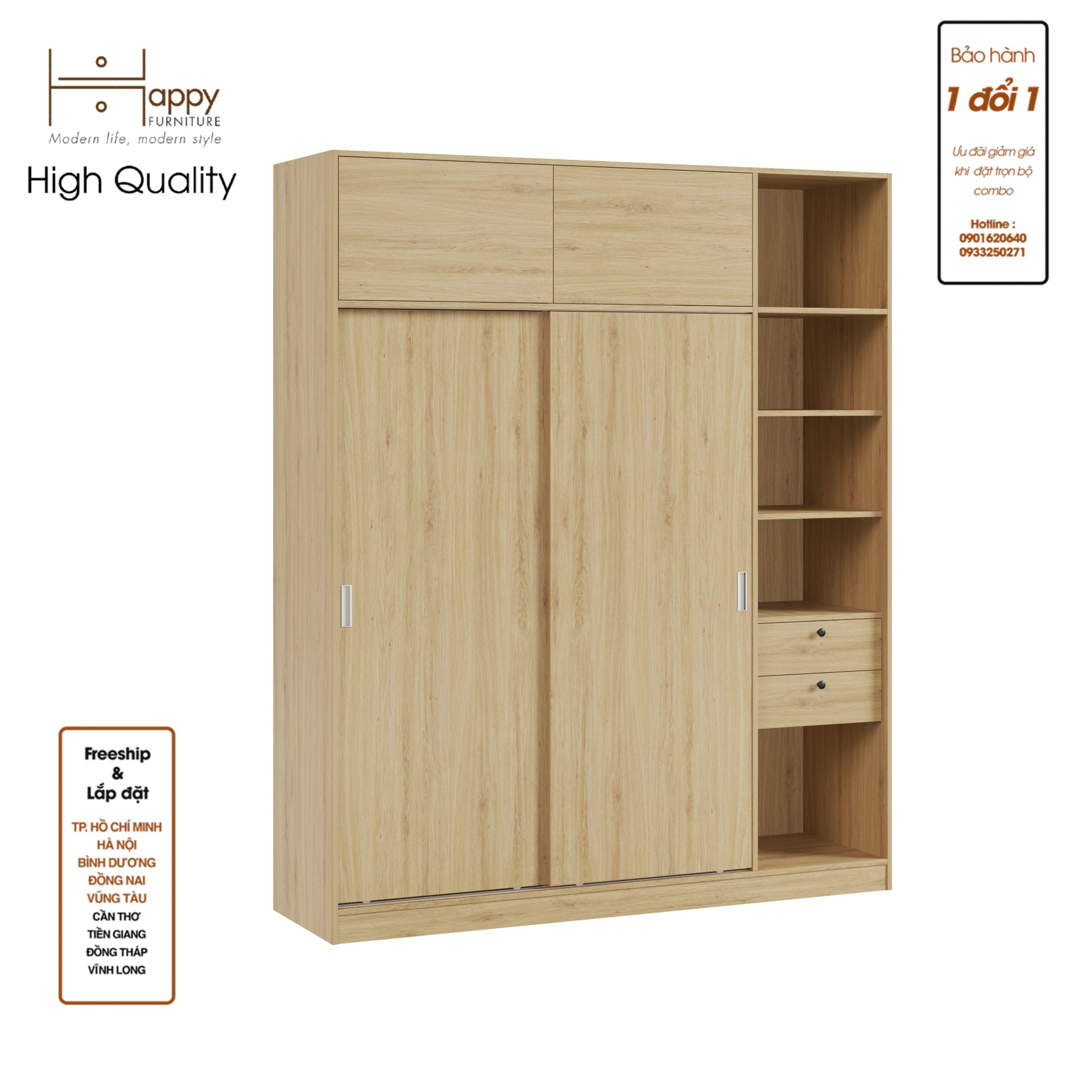 ELEGANT, Tủ quần áo cửa lùa 1m8x2m2 , 180cm x 54cm x 220cm , TCL_006