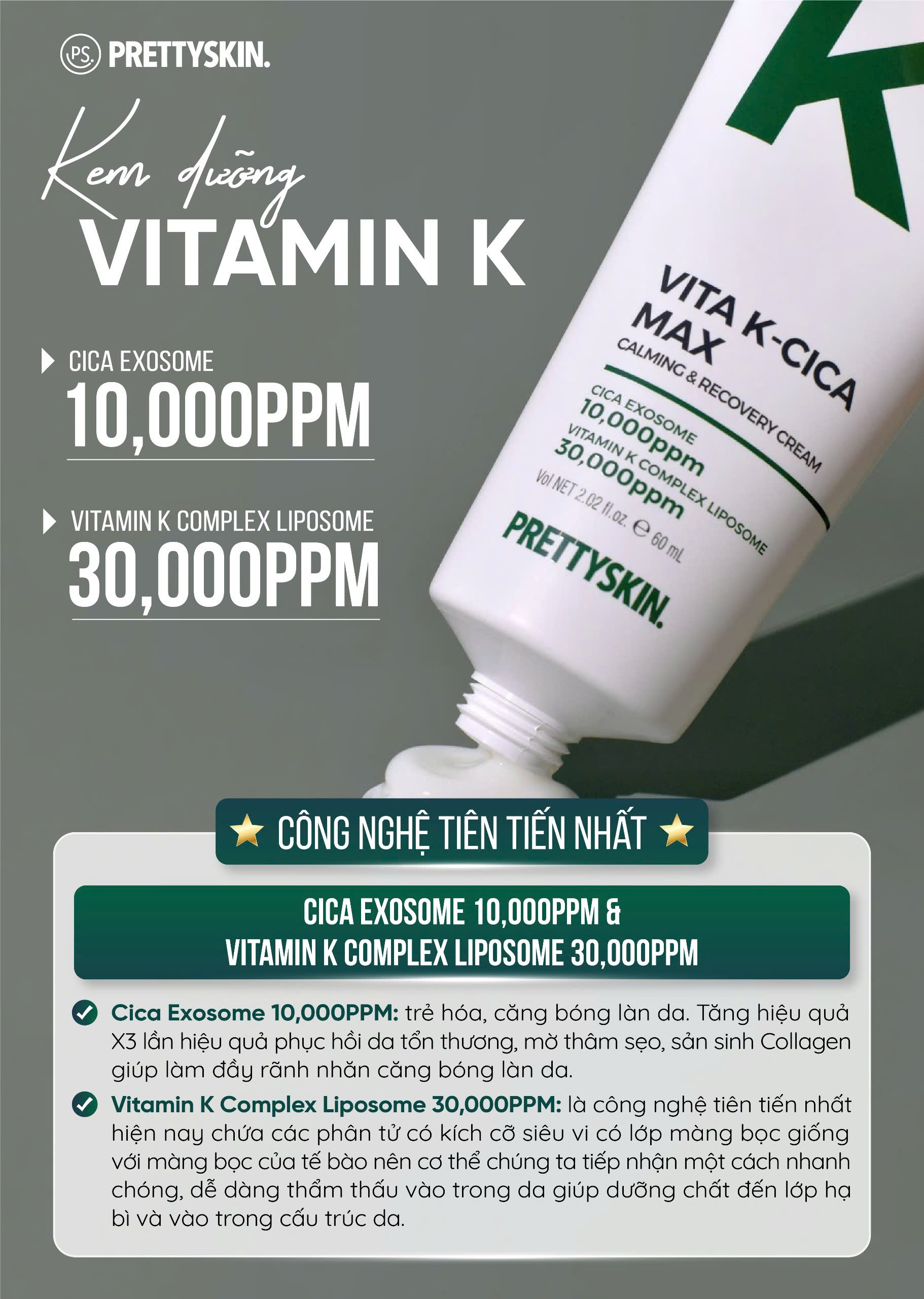 Kem dưỡng phục hồi - Cấp ẩm đa tầng - Phục hồi- Căng bóng Vita K Cica Prettyskin 60ml