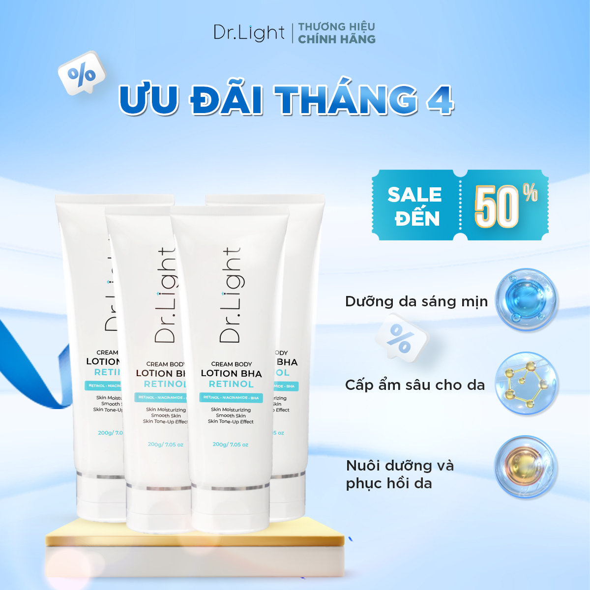 COMBO 4 Kem Body Dr.Light Kem dưỡng Trắng Sáng Da Với Hợp Chất Retinol Niacinamide BHA 200ml