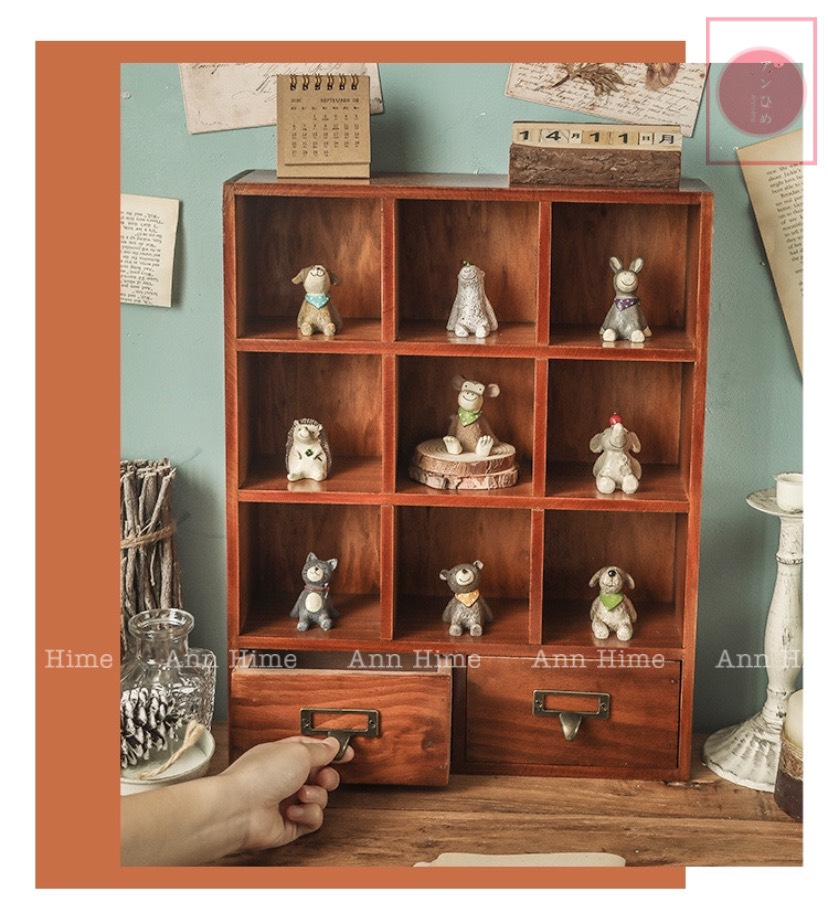 Tủ Ngăn Kéo Gỗ 9 Ô Đựng Cốc Chén Treo Tường & Để Bàn Trang Trí Kiểu Vintage Retro Sp03