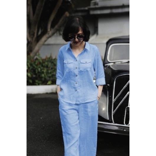Set Bộ Đũi Nữ, Áo Dài Tay, Quần Dài Ống Suông, Lưng Thun Chất Đũi Hàn Quốc