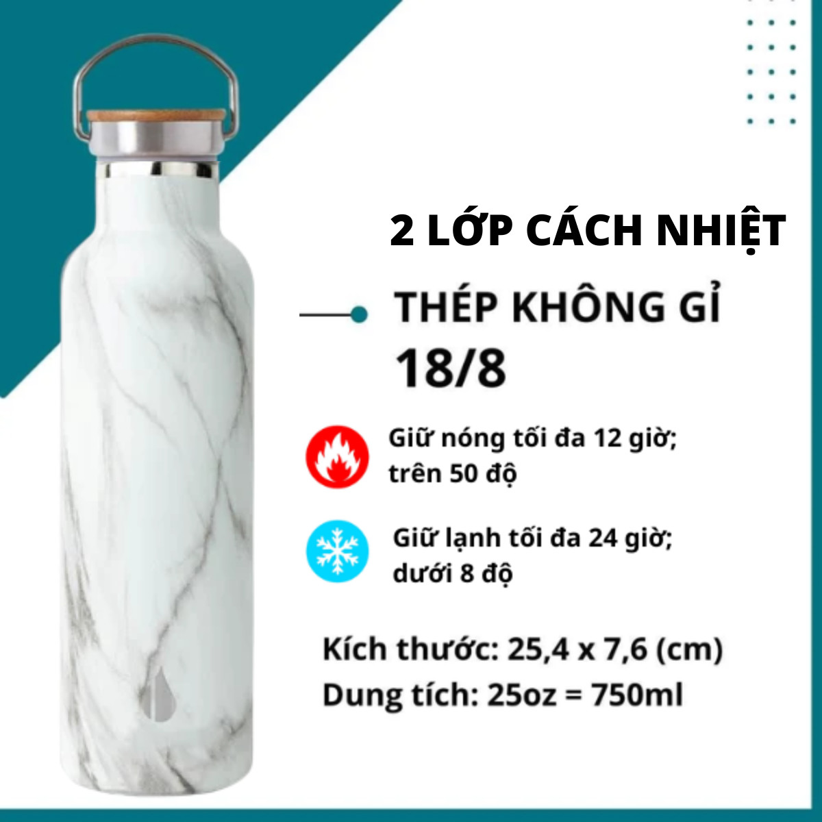 BÌNH GIỮ NHIỆT ELEMENTAL MÀU VÂN ĐÁ (750ML), BÌNH NHẬP KHẨU MỸ, ĐẠT CHUẨN FDA HOA KỲ, THÉP 304 KHÔNG GỈ, GIỮ NÓNG LẠNH