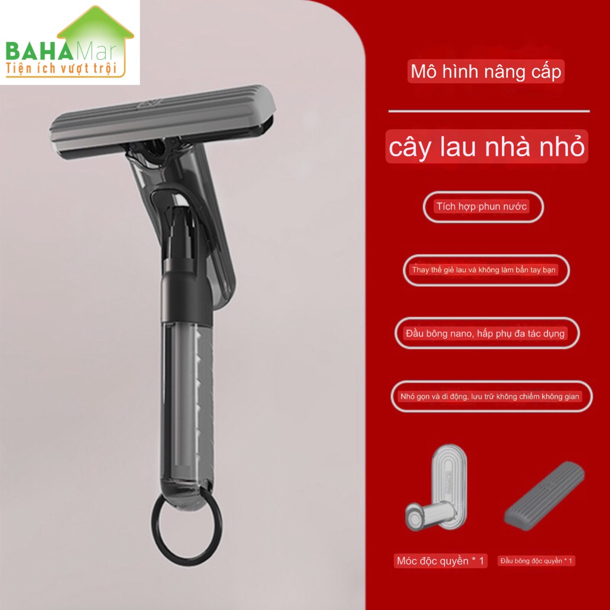 CÂY LAU MINI TỰ VẮT CÓ TÍCH HỢP VÒI PHUN NƯỚC TẠO ẨM SỬ DỤNG KÉP LAU BÀN, LAU KÍNH, LAU BẾP, VỆ SINH GIA ĐÌNH THUẬN TIỆN  &quot;BAHAMAR &quot; Có đầu xịt khử trùng làm sạch sâu, làm sạch tức thì và có khả năng ức chế vi khuẩn.