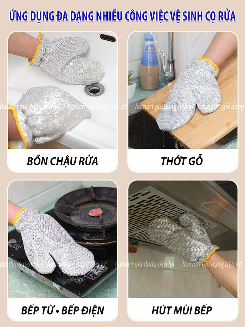 Bao Tay Lưới Thép Cọ Xoong Nồi Chảo Găng Bạc Rửa Chén Bát Mút Mềm Tạo Bọt Chà Vệ Sinh Bếp Đa Năng