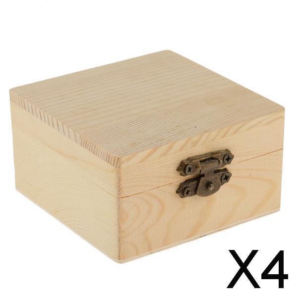 4xSquare Shape Unfinished Wooden Jewelry Gift Box for Kids DIY Craft Toys
