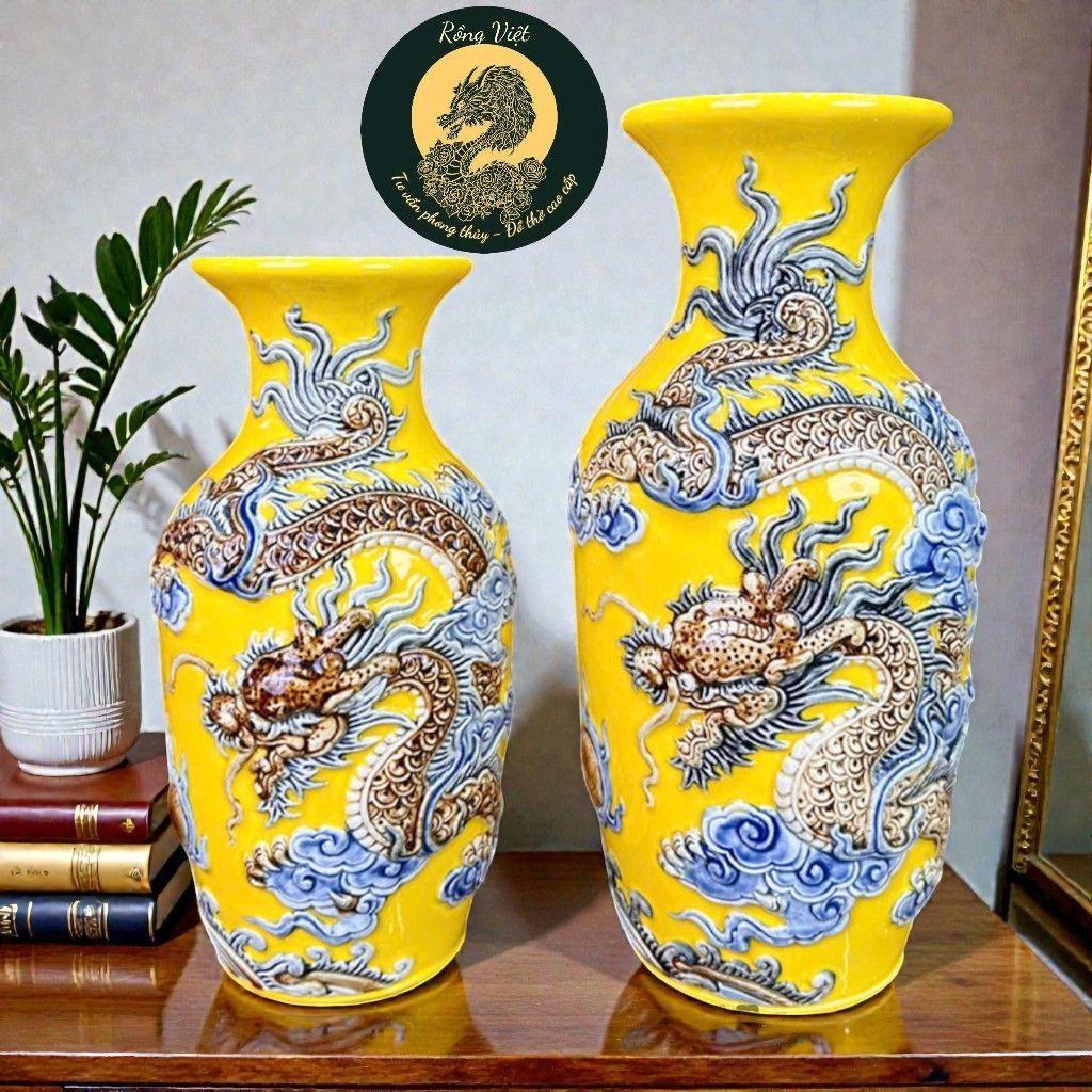 Lọ Lộc Bình Men Vàng Gốm Sứ RỒNG VIỆT - lọ hoa Họa Tiết Nổi Rồng đắp nổi bát tràng cao cấp