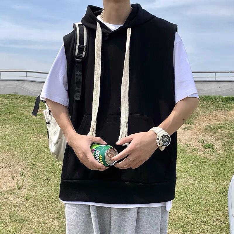 Áo Hoodie form rộng trơn sát nách có mũ trùm đầu phối dây dài Áo HOODIE cổ tròn khồng tay nam nữ đều mặc mùa thu đông