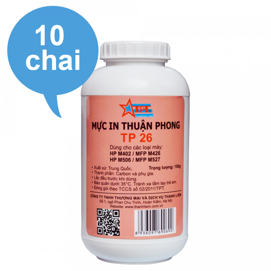 (BỘ 10 CHAI) Mực đổ Thuận Phong TP26 dùng cho máy in HP M402/ M506/ MFP M426/ MFP M527/ M501/ Canon LBP 212/ 214/ MF426/ 424 - Hàng Chính Hãng