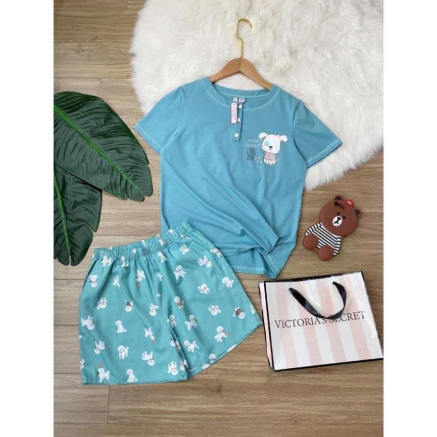 Bộ đồ nữ mặc nhà chất liệu vải thun cotton mát mẻ, hình thú chú chó nhỏ siêu cute