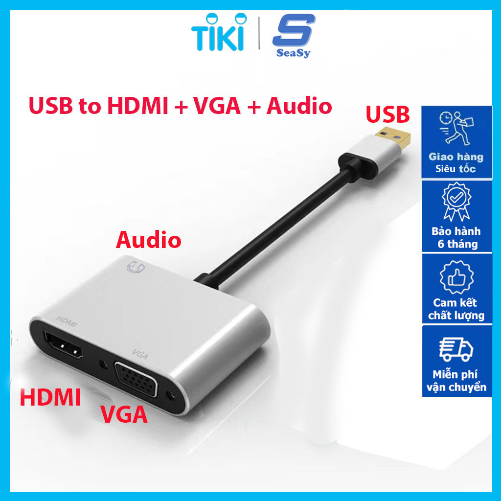 Hub Chuyển Đổi USB Sang HDMI/VGA/Audio SeaSy, 1 Cổng HDMI, 1 Cổng VGA, 1 Cổng Audio 3.5 mm, Tương Thích Với Windows Và Mac OS, Dùng Cho Laptop/Máy Tính/Máy Chiếu/Tivi - Hàng Chính Hãng