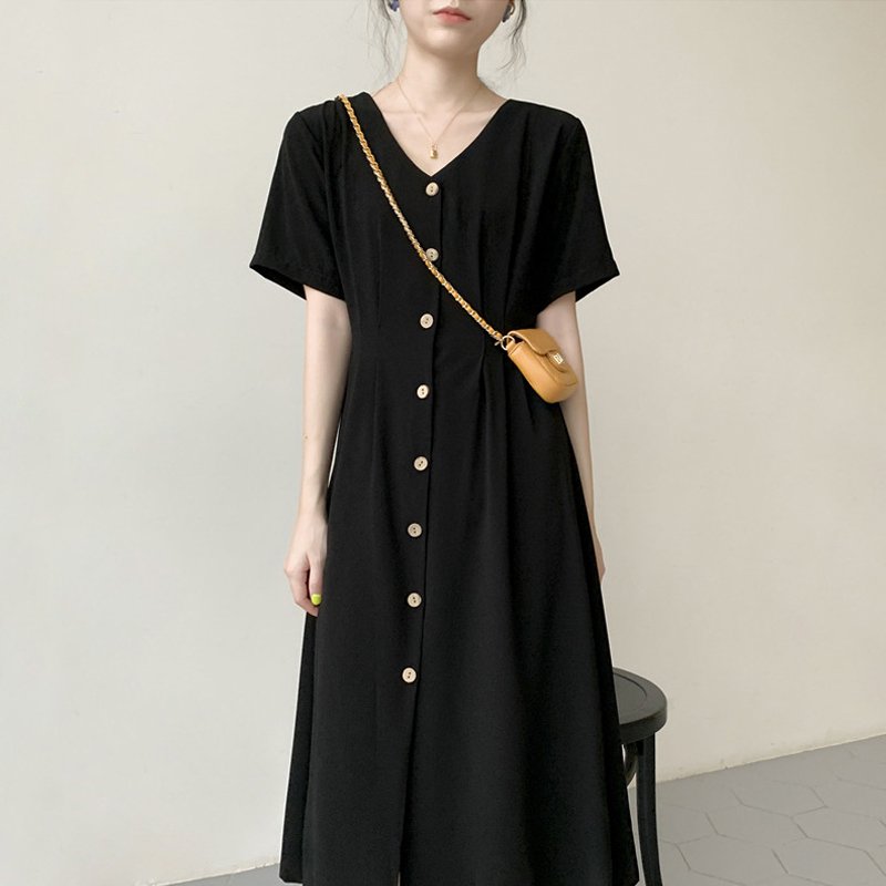 Váy sơ mi cổ V dáng suông dài basic vintage Hàn Quốc đơn giản nhẹ nhàng Đũi Việt DV194