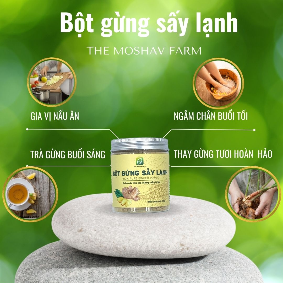 Bột Gừng Đông Y Sấy Lạnh The Moshav Farm Dùng Làm Gia Vị Nấu Ăn, Trà Gừng, Ngâm Chân, Giảm Cân Và Nhiều Công Dụng Khác Hũ 100Gr