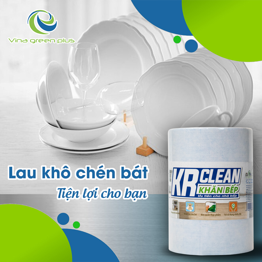 Khăn lau bếp KR Clean Xanh - Cuộn 200 tờ khổ 20x20 - Chất khăn dai mềm, không rã khi gặp nước