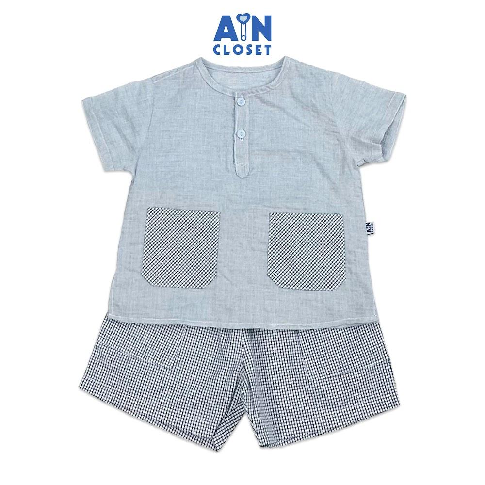 Bộ quần áo ngắn unisex cho bé họa tiết Caro Nhí Xám cotton - AICDBTINELEX - AIN Closet