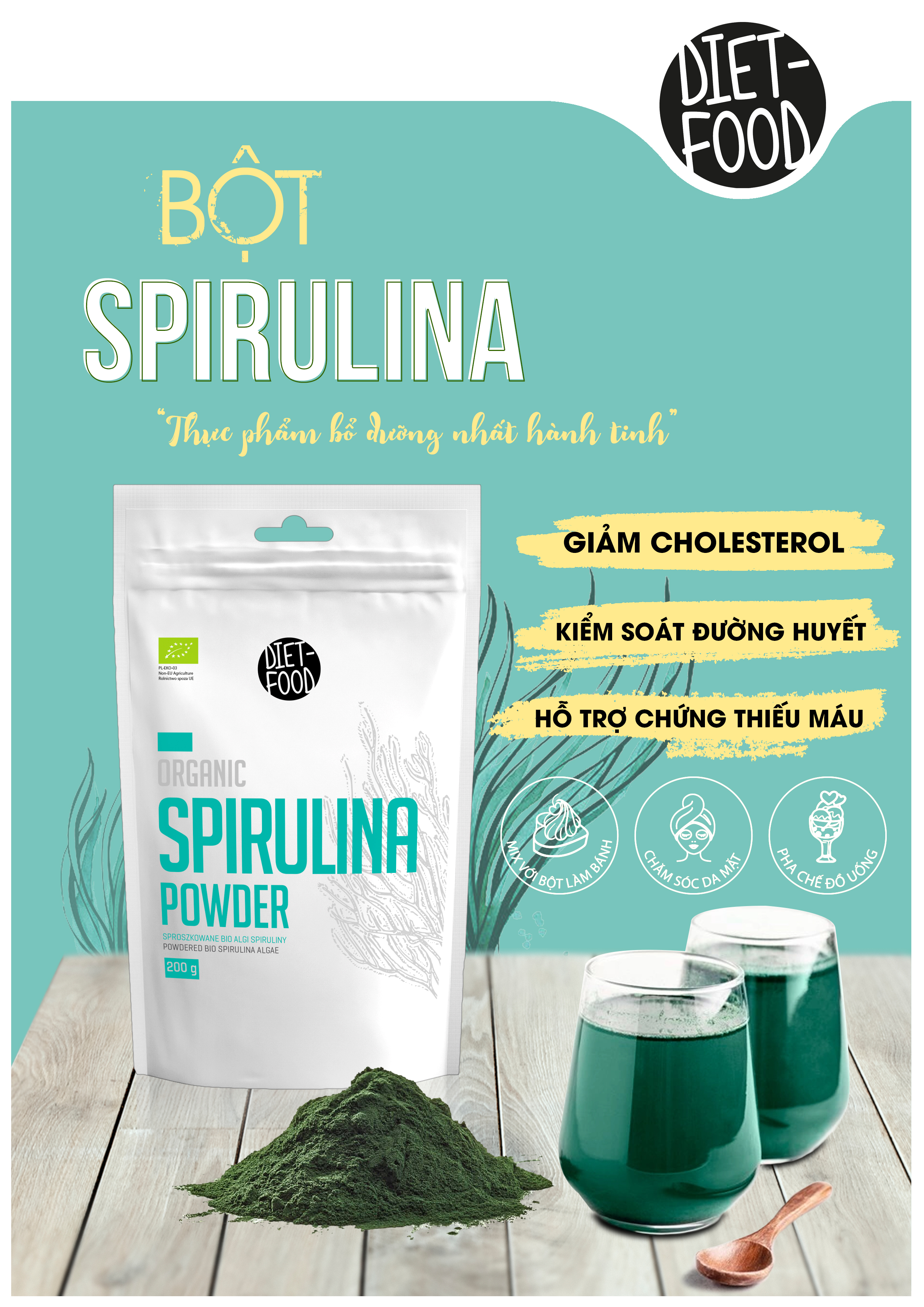 Bột Tảo Xoắn Spirulina Hữu Cơ 200g Diet Food Organic Spirulina Powder