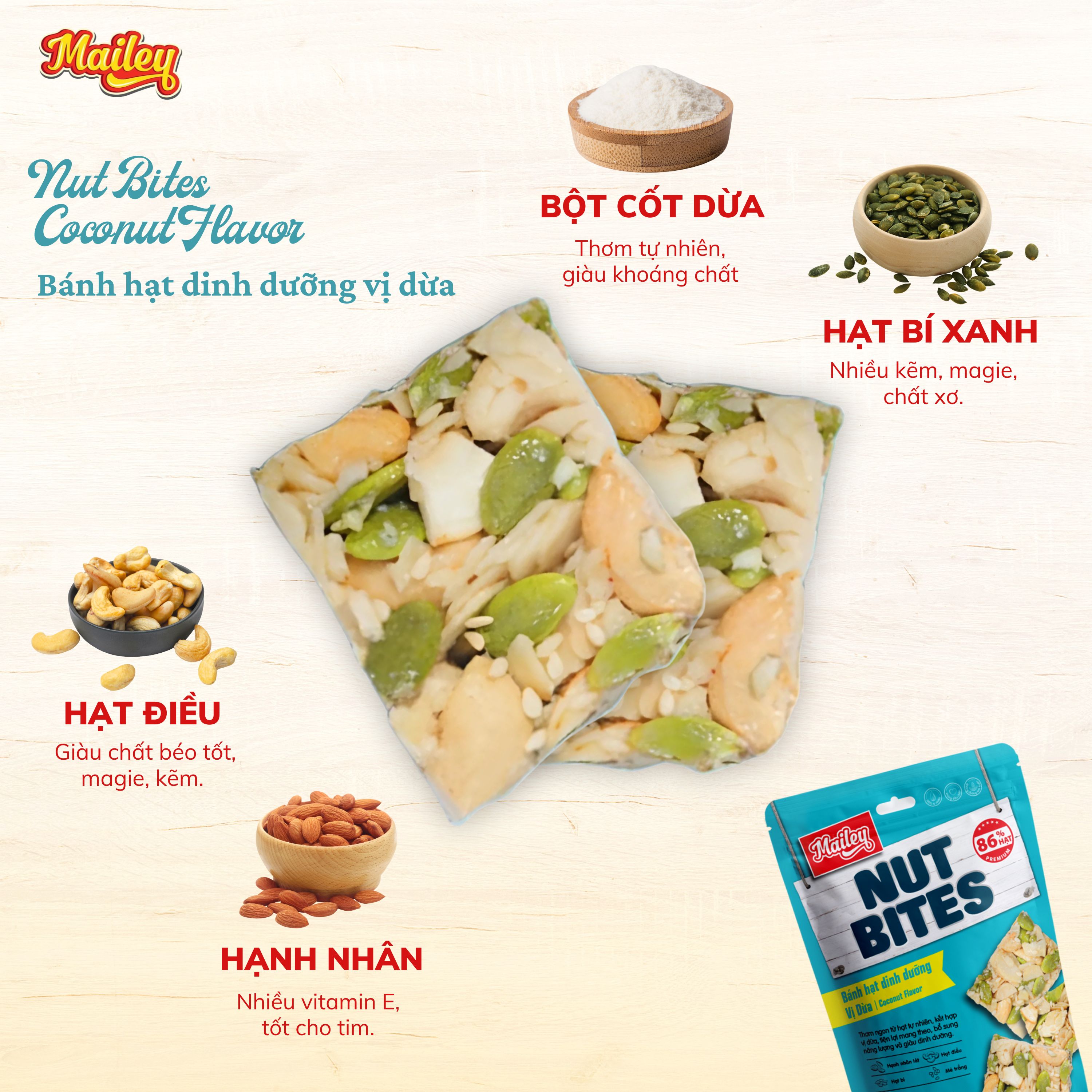 [COMBO 3 TÚI] Bánh hạt dinh dưỡng NUT BITES Mailey túi 96g - thơm ngon từ hạt tự nhiên và giàu dinh dưỡng