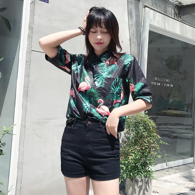 Áo sơ mi ngắn tay in họa tiết chim hồng hạc dễ thương dành cho nữ