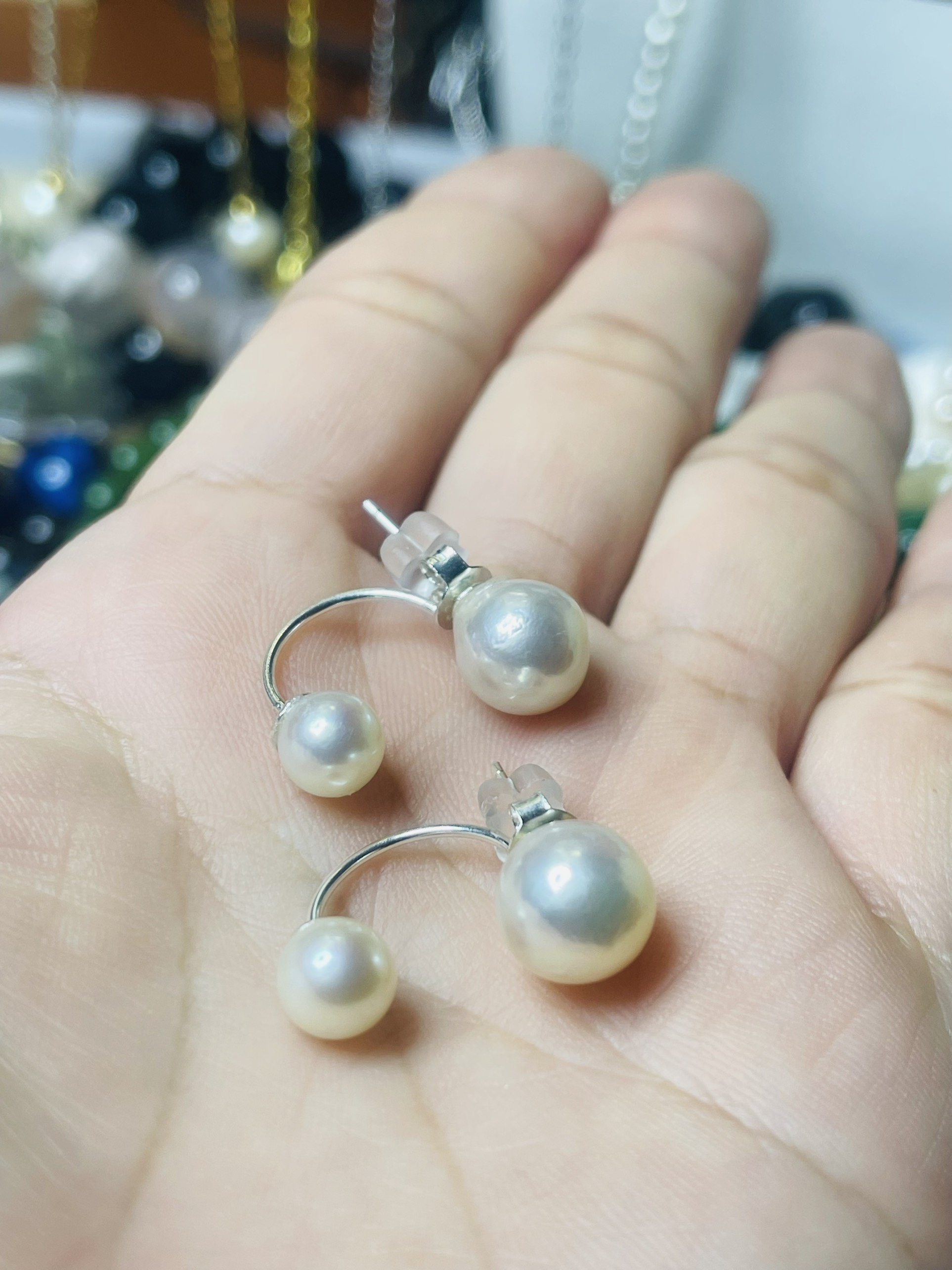 Hoa tai đôi Bạc 925 xi Kim Trai biển Akoya